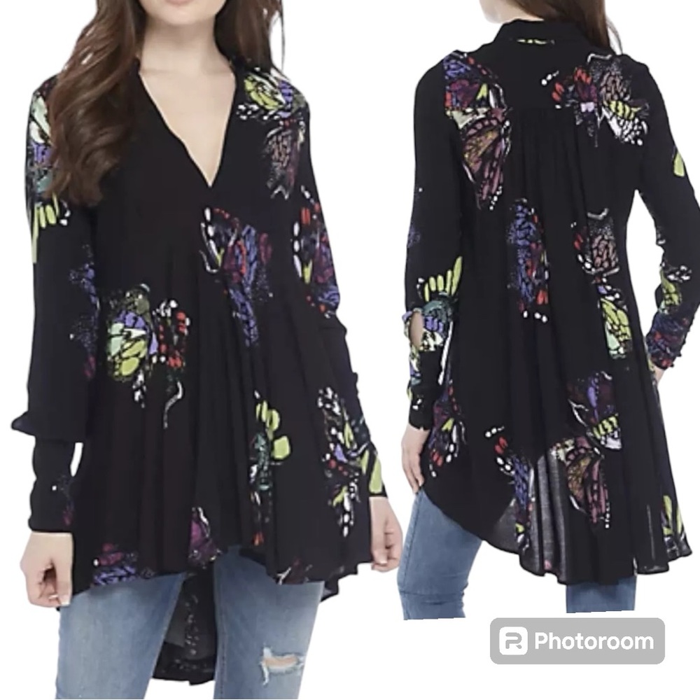Free People Field of Butterflies Tunic Top Boho Long Sleeve Black Size XS